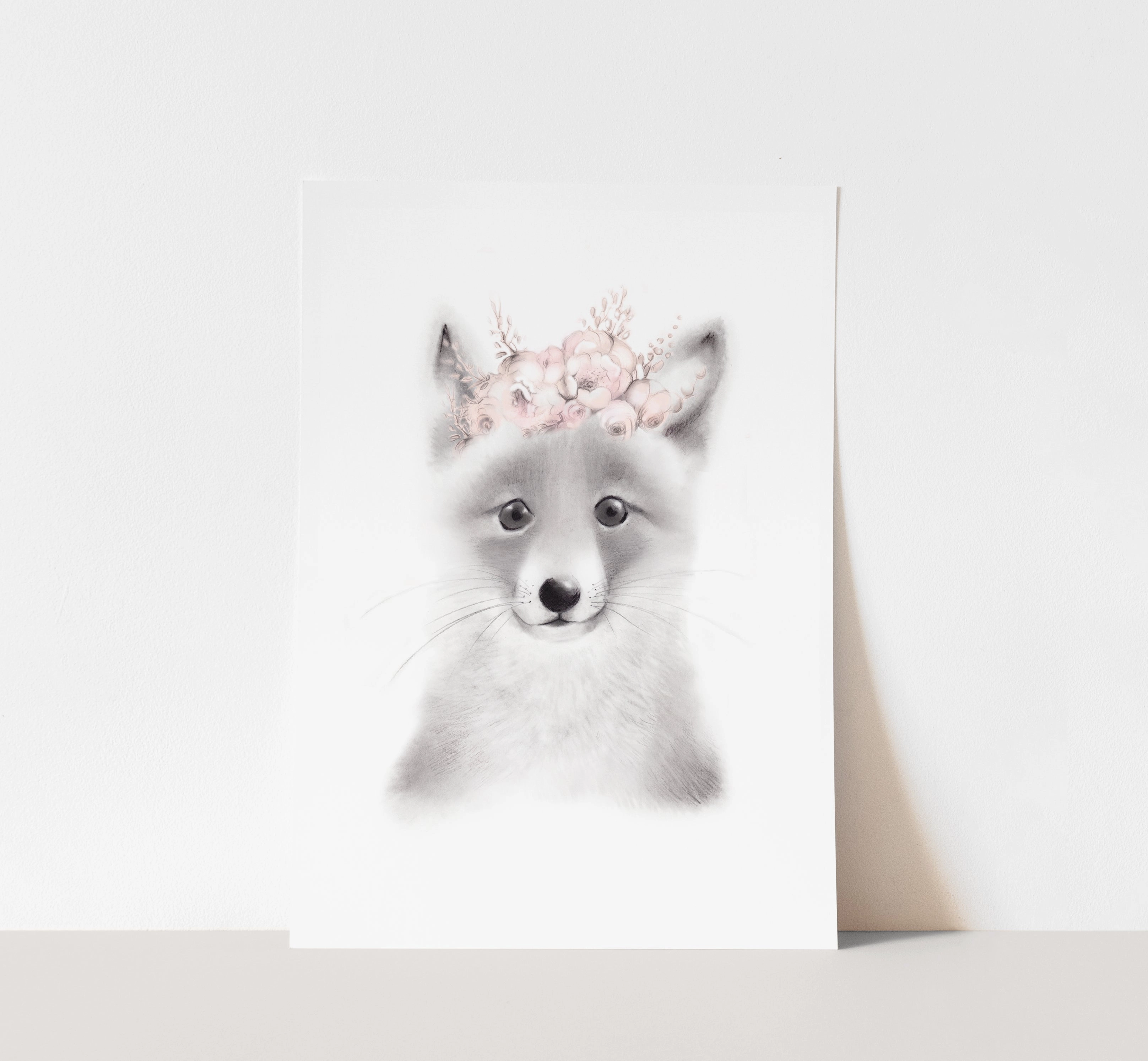 Baby Fox with Blush Flower Crown Print