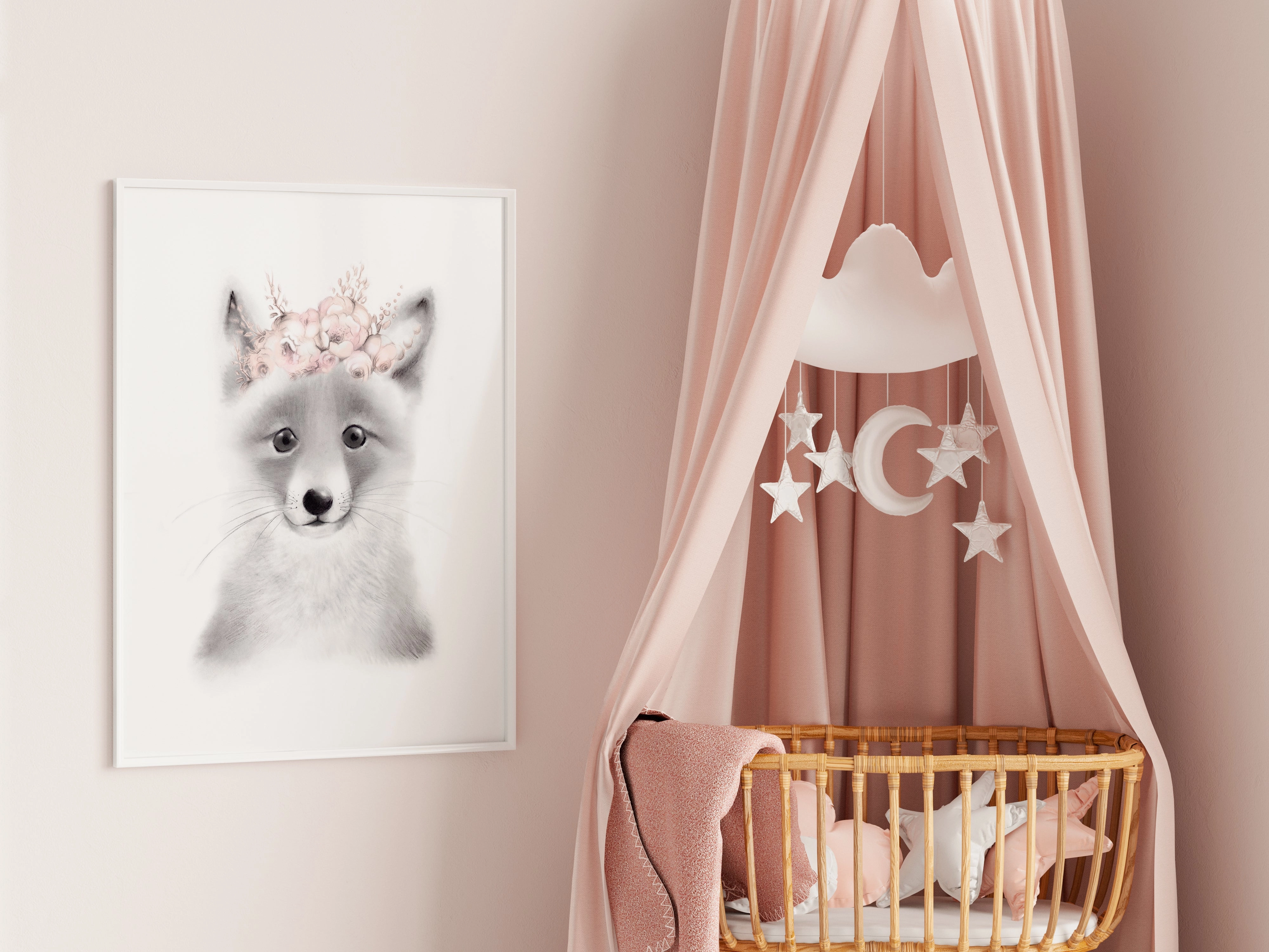 Baby Fox with Blush Flower Crown Print