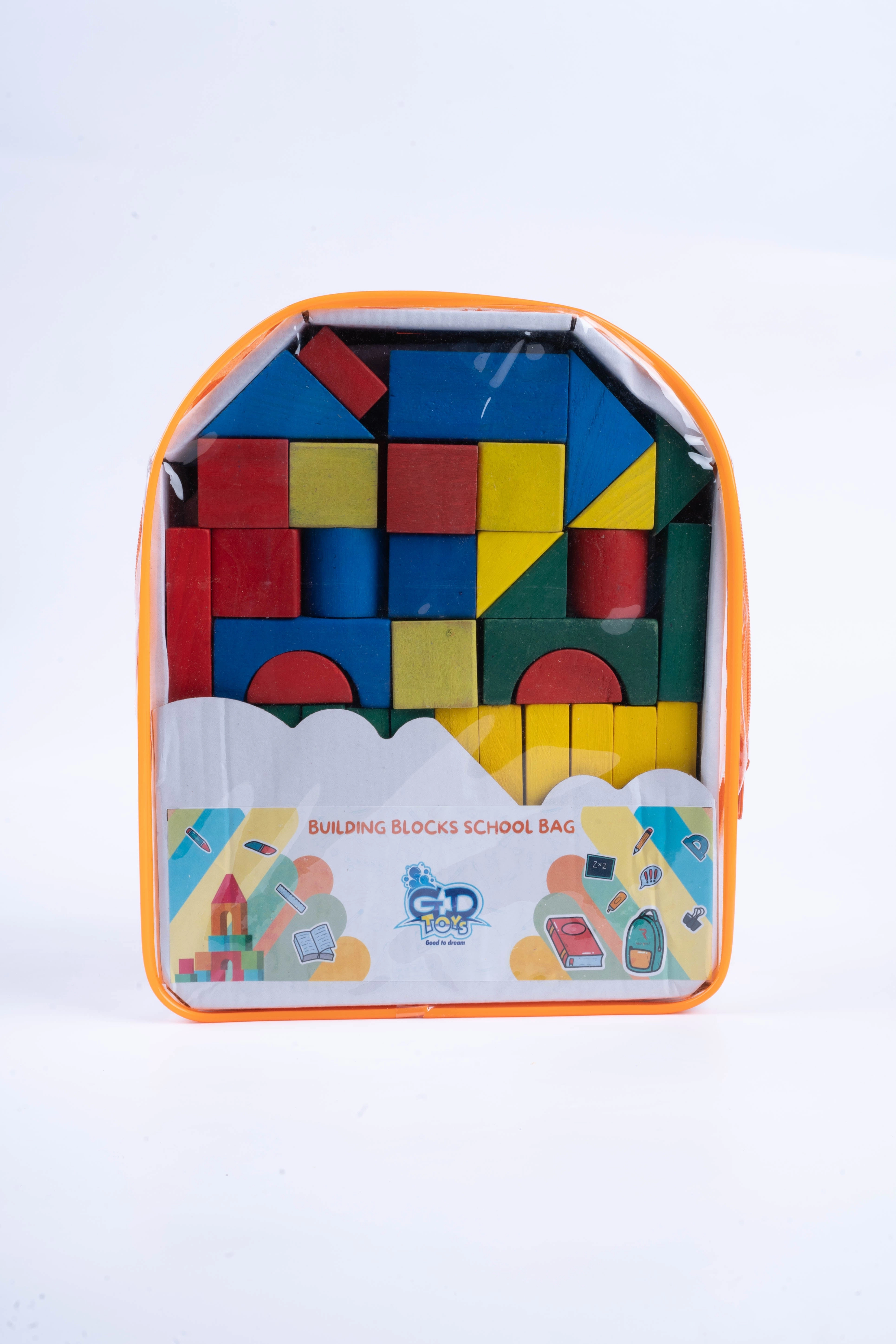 Backpack with wooden buidling blocks