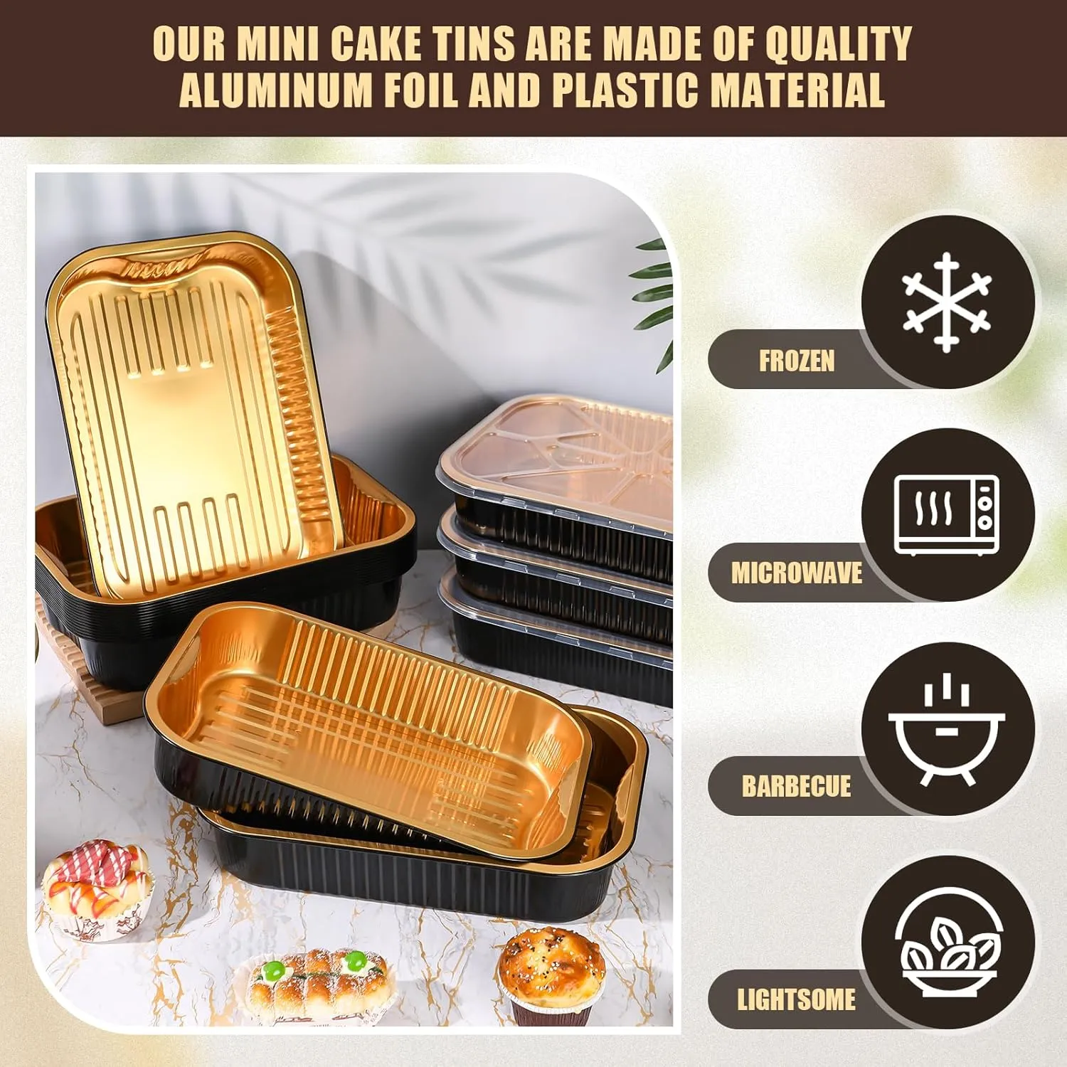 Baderke 20 Set 9x13 Heavy Duty Aluminum Pans with Lids Double Thick Aluminum Foil Baking Pan Food Container for Heating Cooking Meal Prep Storage Freezer and Takeout (Black Gold)