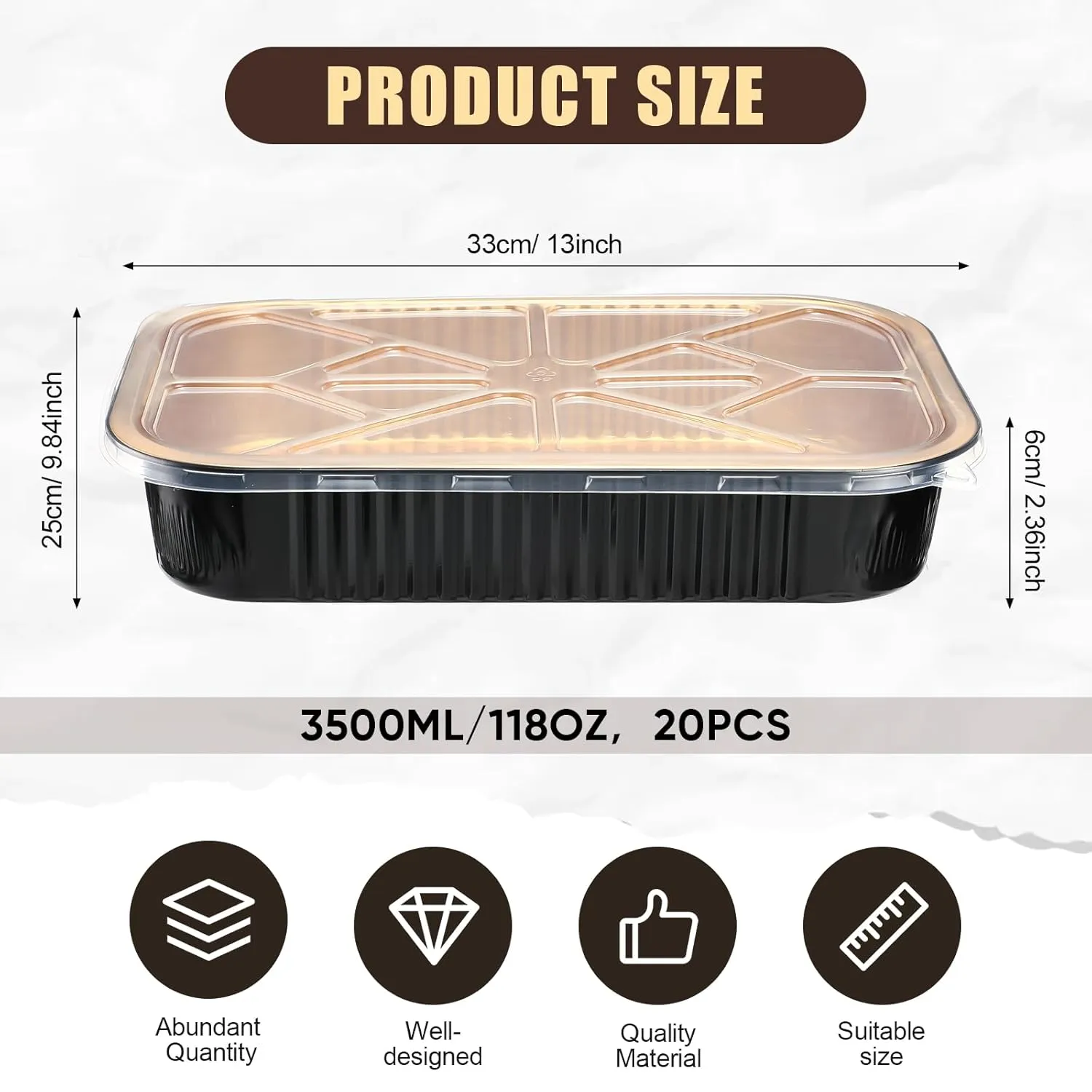 Baderke 20 Set 9x13 Heavy Duty Aluminum Pans with Lids Double Thick Aluminum Foil Baking Pan Food Container for Heating Cooking Meal Prep Storage Freezer and Takeout (Black Gold)