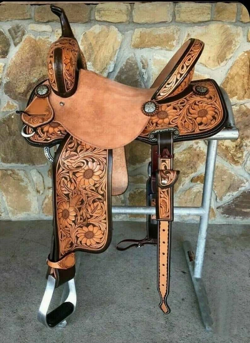 Barrel Racing Western Wooden Tree Horse Saddles Handmade Premium Leather Comfort Horses Trail Equestrian Tooled Carved Horse Saddle Riding Size: 10-18 inches Seat, KT12
