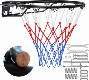 Basketball Rim, 18" Replacement Wall Mounted Outdoor Basketball Hoop, Heavy Duty Solid Steel, Double Spring Basketball Hoop Rim with All Weather Net for Indoor and Outdoor Hanging