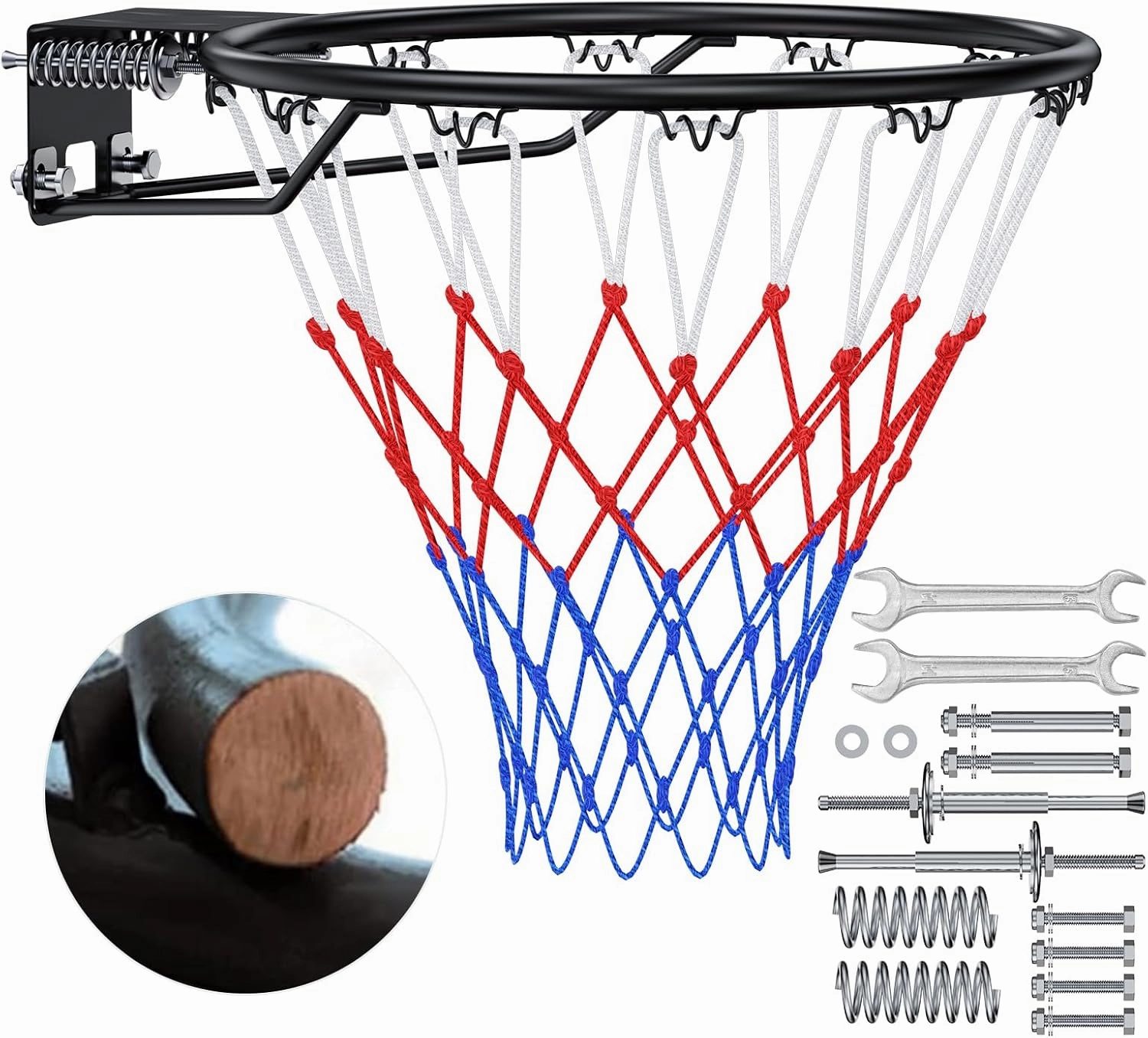 Basketball Rim, 18" Replacement Wall Mounted Outdoor Basketball Hoop, Heavy Duty Solid Steel, Double Spring Basketball Hoop Rim with All Weather Net for Indoor and Outdoor Hanging