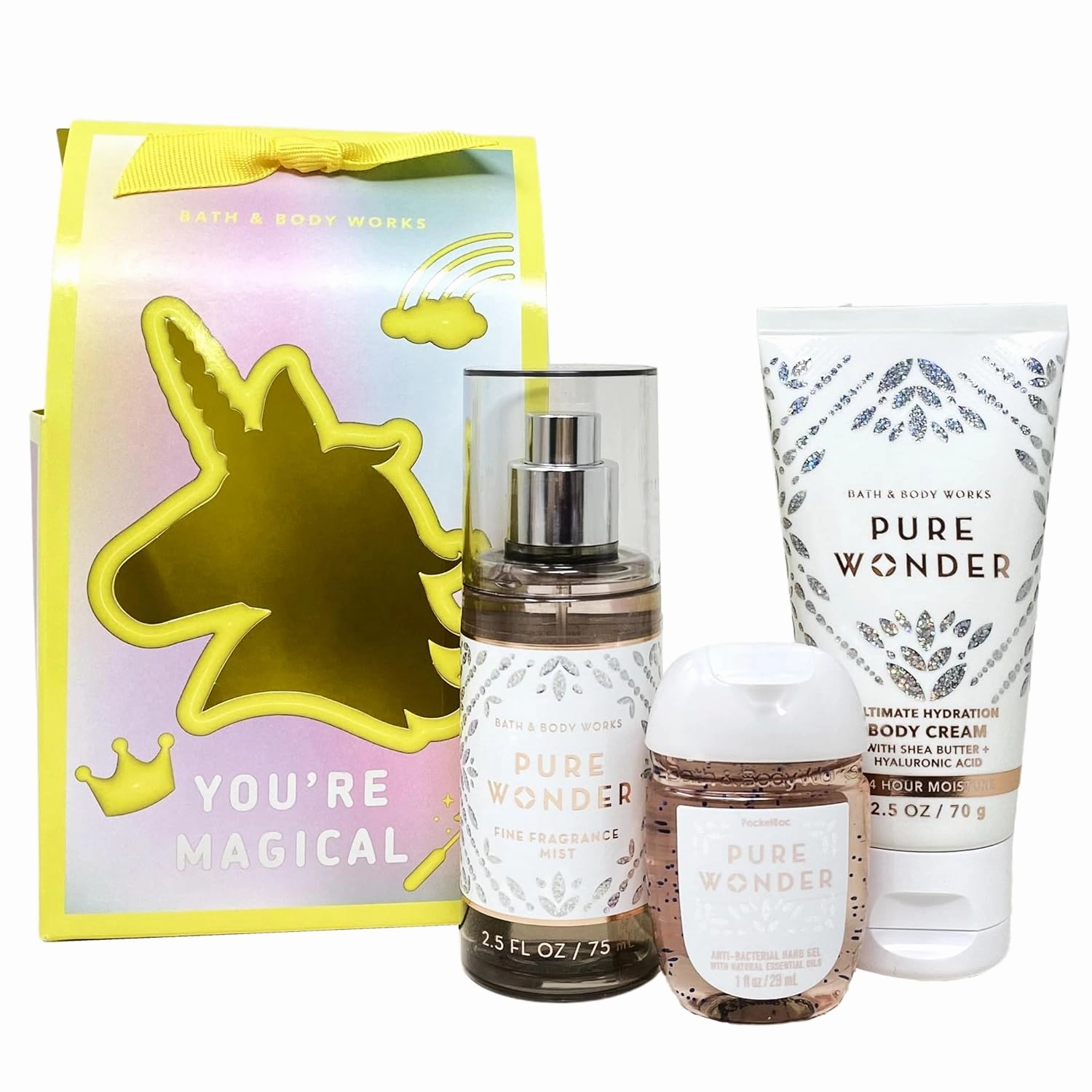 Bath and Body Work PURE WONDER You're Magical Mini Gift Bag Set - Fragrance Mist - Body Cream and Hand Gel - Travel Size, white