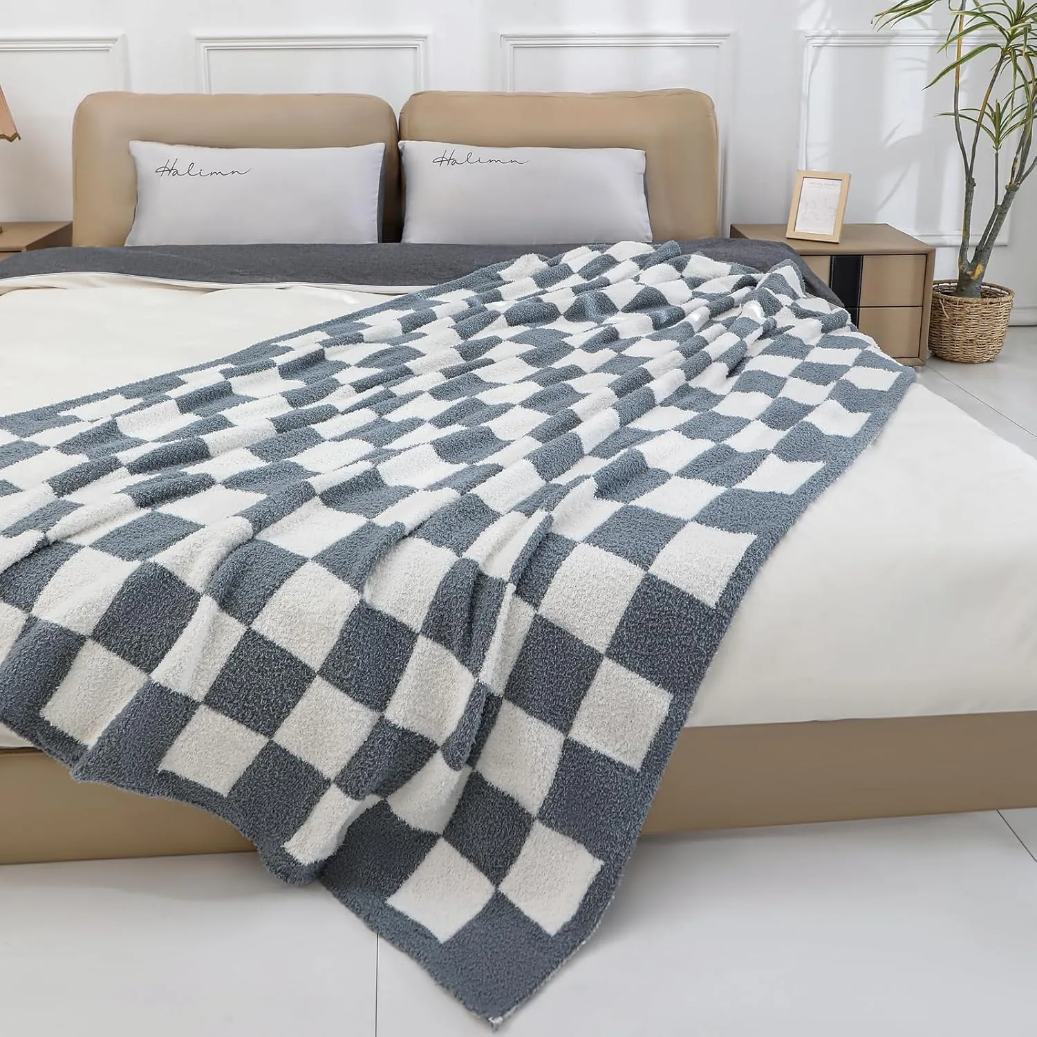 bearberry Fuzzy Checkerboard Grid Throw Blanket Knitted Soft Cozy Warm Microfiber Blanket Decor for Couch Sofa Bed Home Travel (Charcoal Grey, 40''x50'')