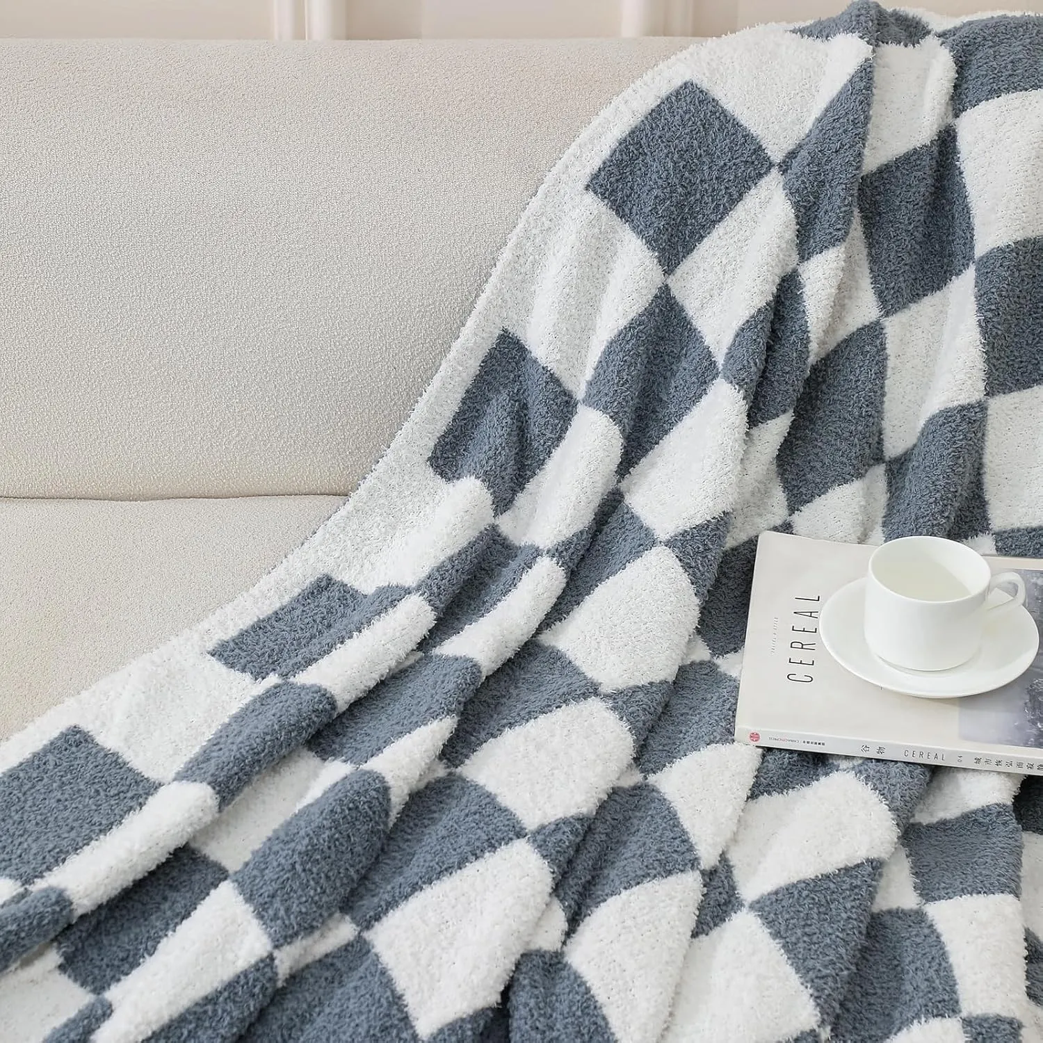 bearberry Fuzzy Checkerboard Grid Throw Blanket Knitted Soft Cozy Warm Microfiber Blanket Decor for Couch Sofa Bed Home Travel (Charcoal Grey, 40''x50'')