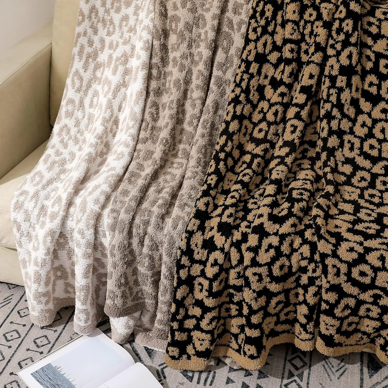 bearberry Fuzzy Leopard Knitted Throw Blanket Soft Cozy Warm Microfiber Blanket for Couch Sofa Bed Travel (Linen/Warm Gray, 50"x60")