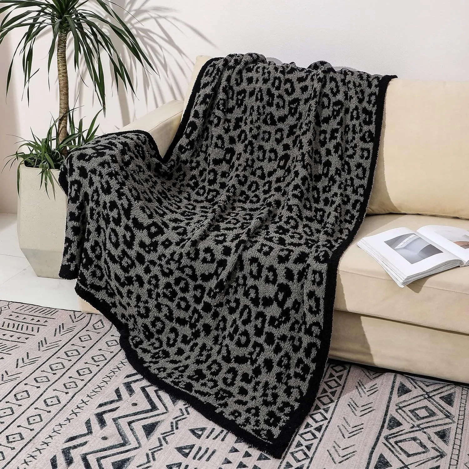 bearberry Fuzzy Leopard Knitted Throw Blanket Soft Cozy Warm Microfiber Blanket for Couch Sofa Bed Travel(Graphite/Carbon, 50"x60")