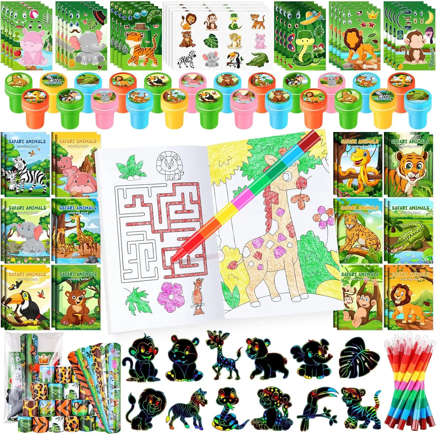 BenLouis 192Pcs Jungle Safari Party Favors Zoo Animals Coloring Books Crayons Sticker Stampers Slap Bracelets Set Bulk Classroom Prizes for Kids Wild One Party Baby Shower Goodie Bags Fillers