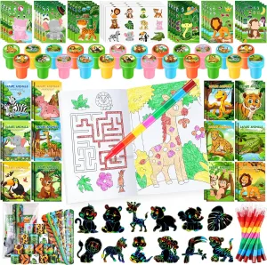 BenLouis 192Pcs Jungle Safari Party Favors Zoo Animals Coloring Books Crayons Sticker Stampers Slap Bracelets Set Bulk Classroom Prizes for Kids Wild One Party Baby Shower Goodie Bags Fillers