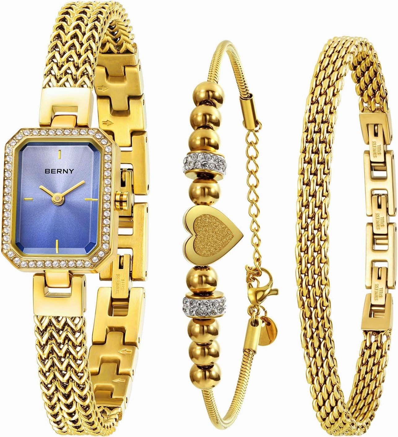 BERNY Gold Watches for Women Ladies Wrist Watch and Bracelet Set Dainty Quartz Bracelet Watch Premium Crystal Accented Fashion Luxury Birthday Present for Women