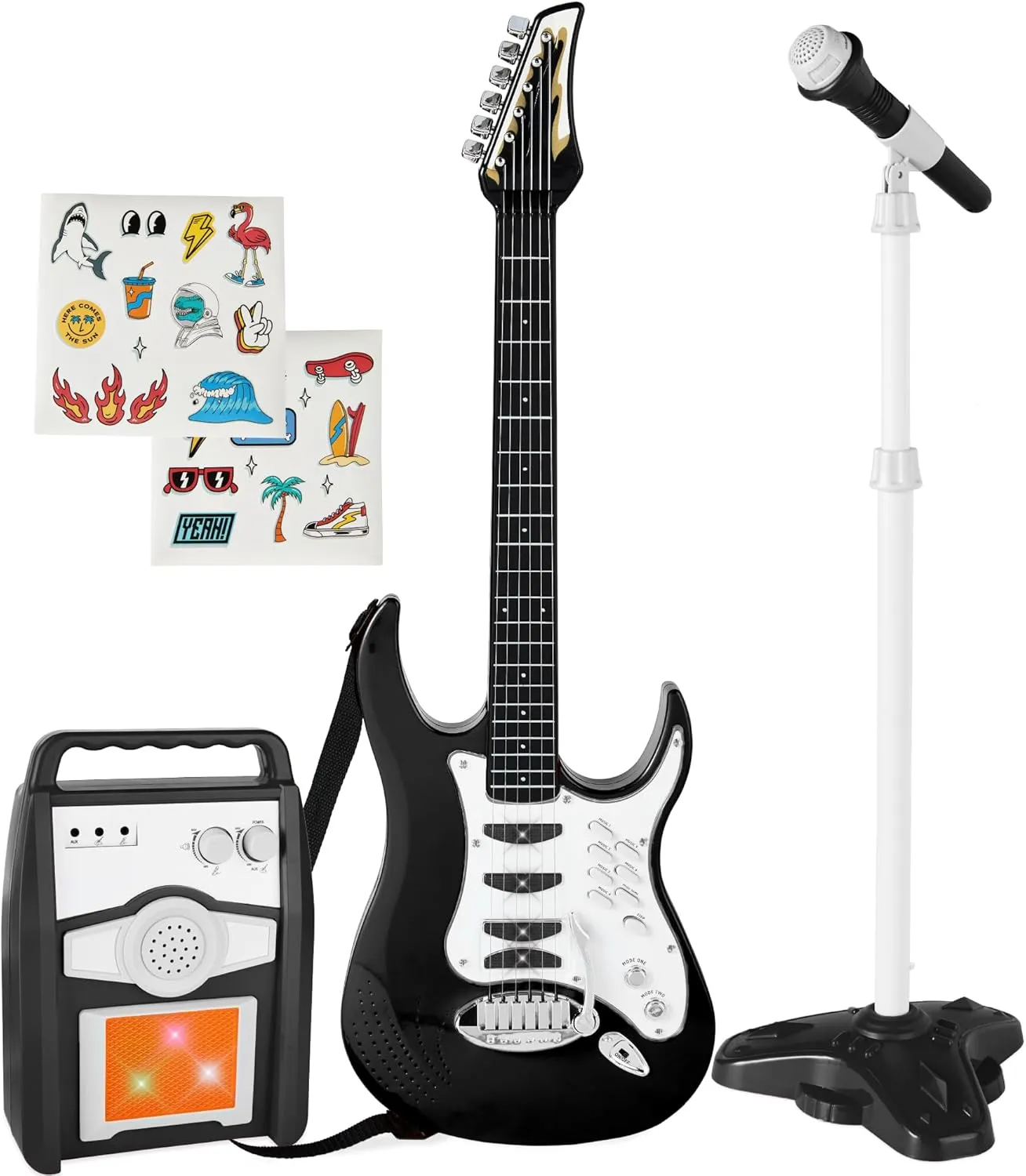 Best Choice Products Kids Electric Musical Guitar Play Set, Toy Guitar Starter Kit Bundle w/ 6 Demo Songs, Whammy Bar, Microphone, Amp, AUX, 2 Sticker Sheets - Black
