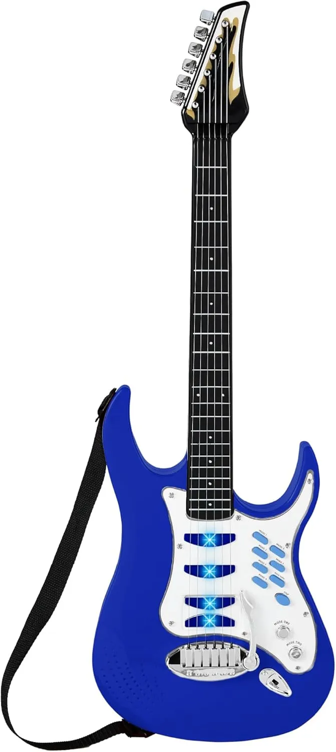 Best Choice Products Kids Electric Musical Guitar Play Set, Toy Guitar Starter Kit Bundle w/ 6 Demo Songs, Whammy Bar, Microphone, Amp, AUX, 2 Sticker Sheets - Blue