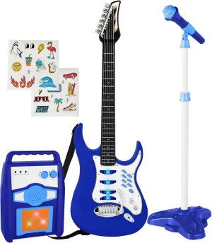 Best Choice Products Kids Electric Musical Guitar Play Set, Toy Guitar Starter Kit Bundle w/ 6 Demo Songs, Whammy Bar, Microphone, Amp, AUX, 2 Sticker Sheets - Blue