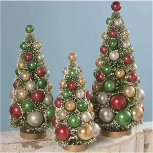 Bethany Lowe Set/3 Retro Bottle Brush Beaded Christmas Trees Red White Green Tabletop Decor