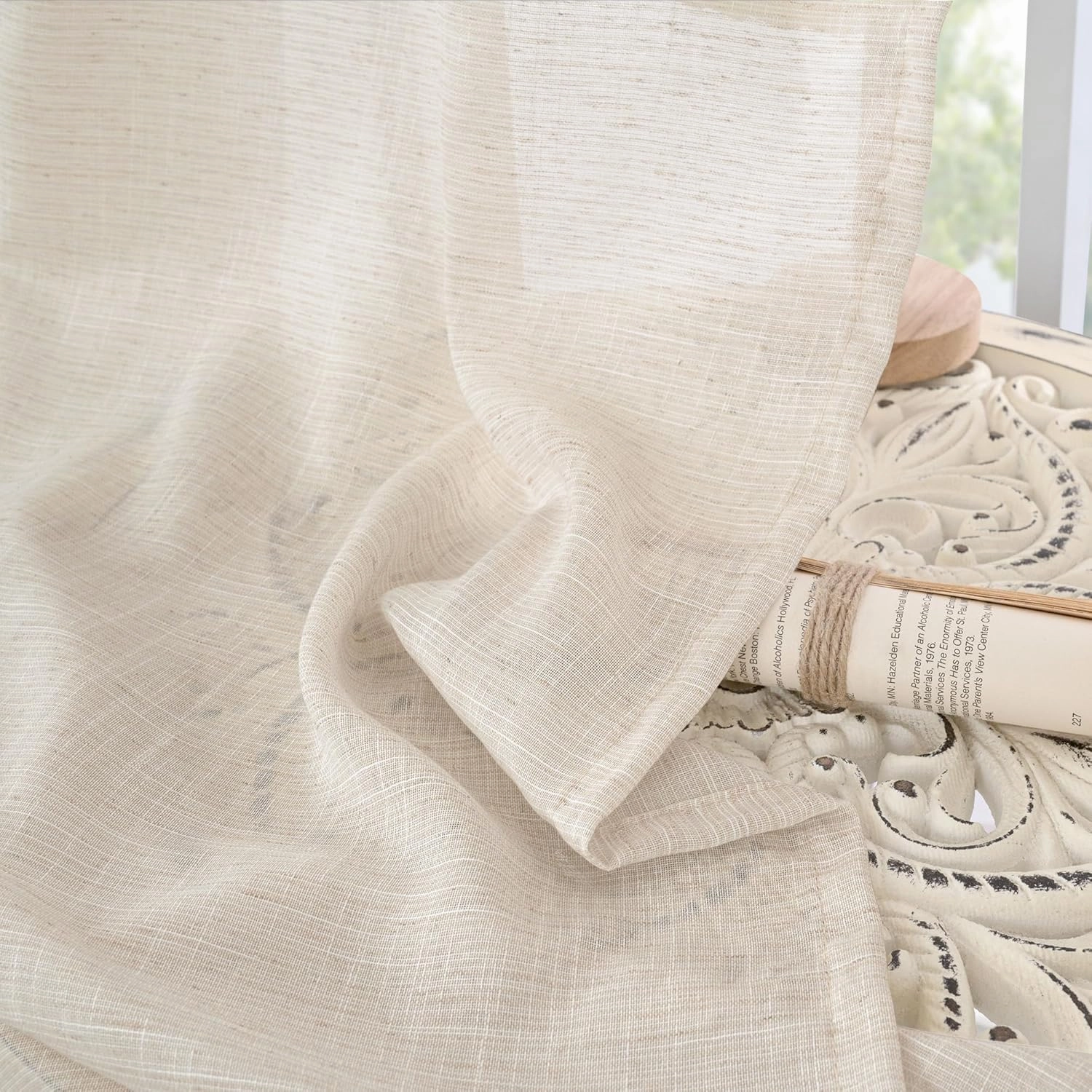 BGment Oatmeal Semi Sheer Curtains for Living Room 84 Inch Length 2 Panels Set - Rod Pocket Linen Drapes Camel Light Filtering Window Treatments for Bedroom Dining Farmhouse Lightweight, 52 X 84 Inch