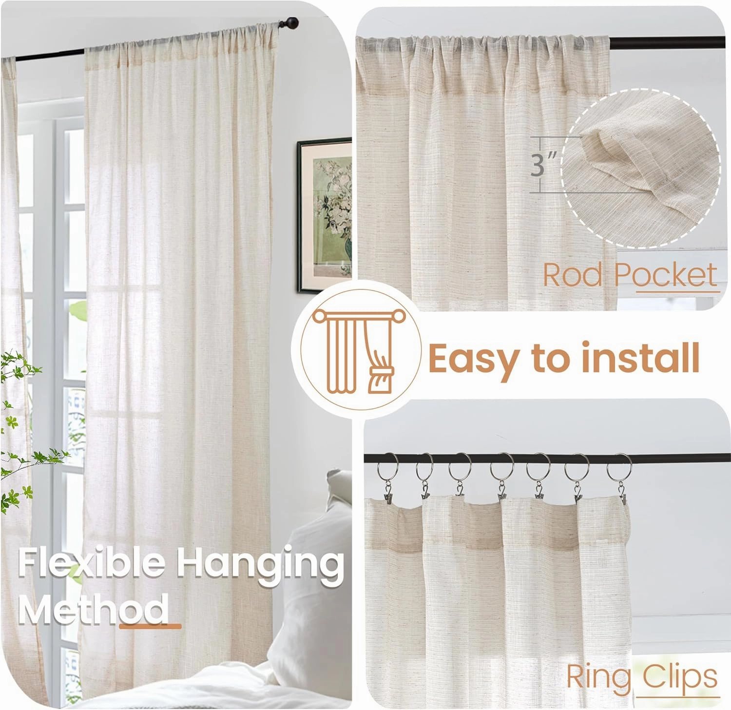 BGment Oatmeal Semi Sheer Curtains for Living Room 84 Inch Length 2 Panels Set - Rod Pocket Linen Drapes Camel Light Filtering Window Treatments for Bedroom Dining Farmhouse Lightweight, 52 X 84 Inch