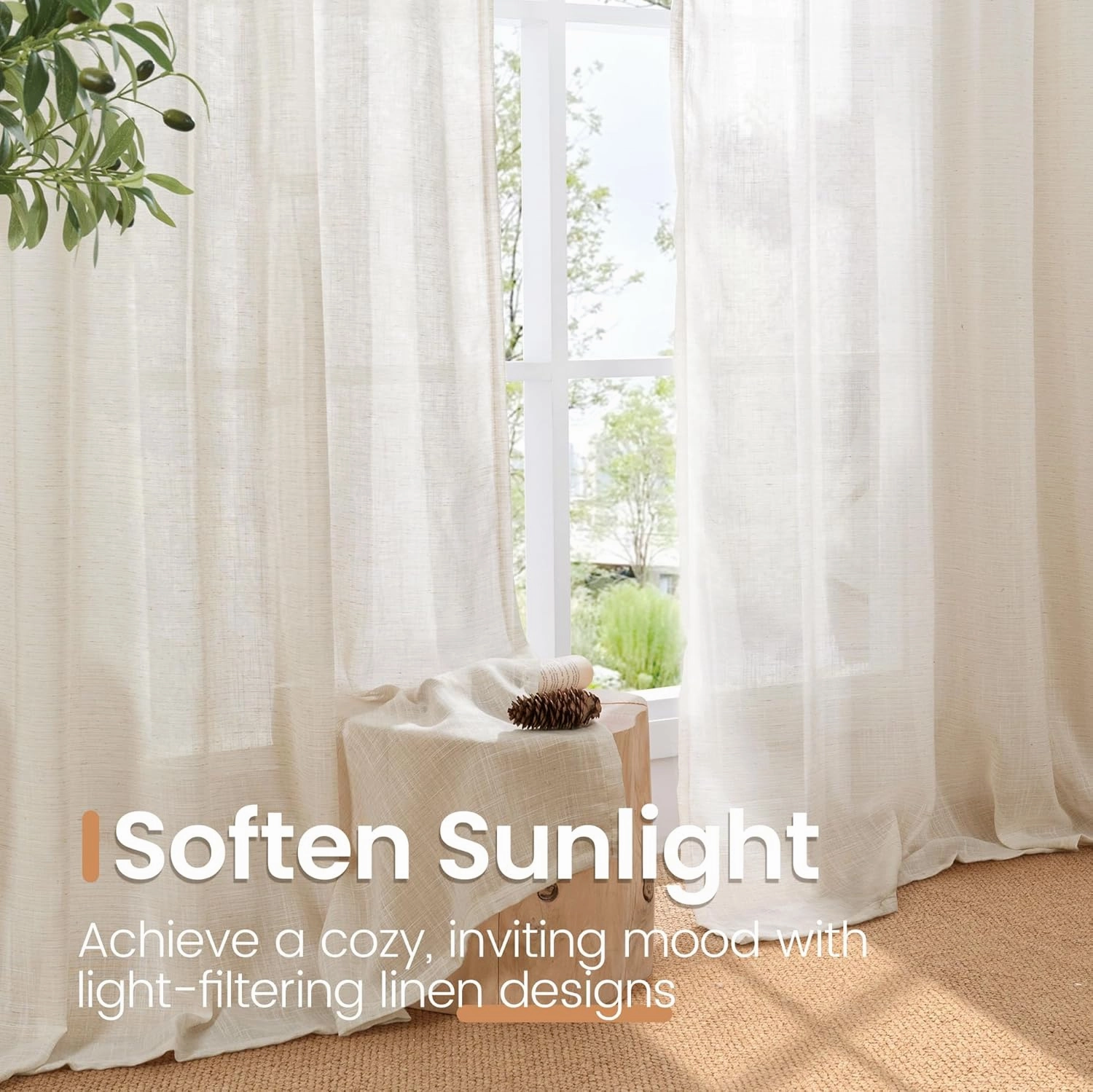BGment Oatmeal Semi Sheer Curtains for Living Room 84 Inch Length 2 Panels Set - Rod Pocket Linen Drapes Camel Light Filtering Window Treatments for Bedroom Dining Farmhouse Lightweight, 52 X 84 Inch