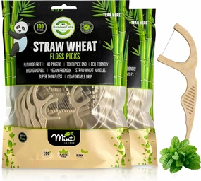 Biodegradable Dental Floss Picks for Kids & Adults - 100 Pack Mint-Flavored Eco-Friendly Flossers | Natural Wheat Straw Handle | Thin, Durable Floss for Tight Spaces | Gentle on Gums (Pack of 2)