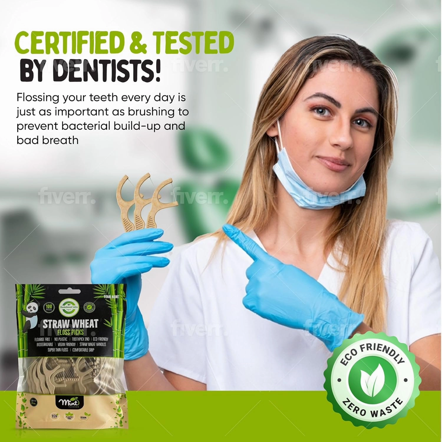 Biodegradable Dental Floss Picks for Kids & Adults - 100 Pack Mint-Flavored Eco-Friendly Flossers | Natural Wheat Straw Handle | Thin, Durable Floss for Tight Spaces | Gentle on Gums (Pack of 2)