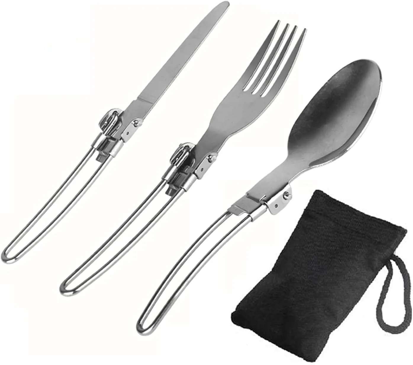 BISONBERG Folding Camping Cutlery Set, 3-Piece Stainless Steel, Fork Spoon Knife with Nylon Pouch