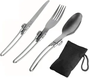 BISONBERG Folding Camping Cutlery Set, 3-Piece Stainless Steel, Fork Spoon Knife with Nylon Pouch