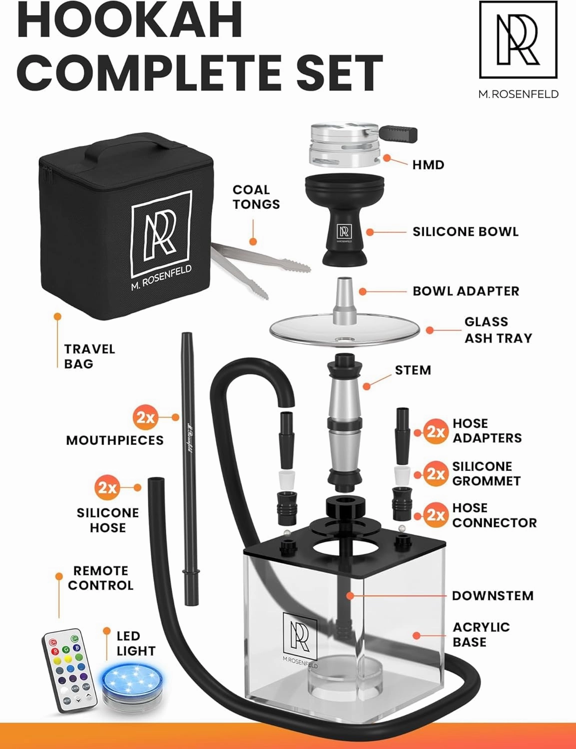 Black Hookah Set with Everything – Hookah Set 2 Hose with LED Base, Easy Setup, and Large Cloud Performance Hookah Machine - Premium Hookah 2 Hose for Home & Parties