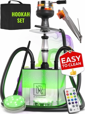 Black Hookah Set with Everything – Hookah Set 2 Hose with LED Base, Easy Setup, and Large Cloud Performance Hookah Machine - Premium Hookah 2 Hose for Home & Parties