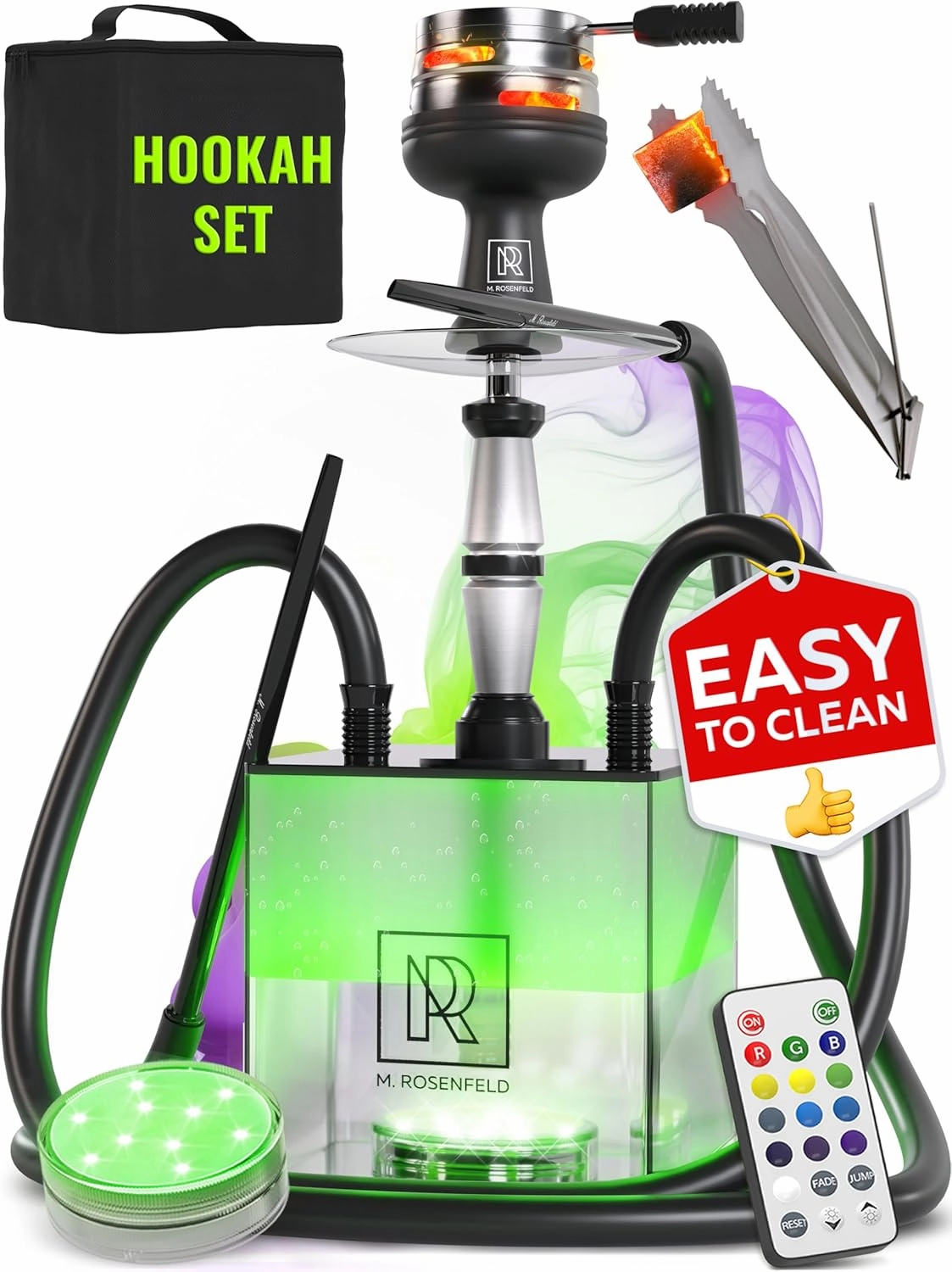 Black Hookah Set with Everything – Hookah Set 2 Hose with LED Base, Easy Setup, and Large Cloud Performance Hookah Machine - Premium Hookah 2 Hose for Home & Parties