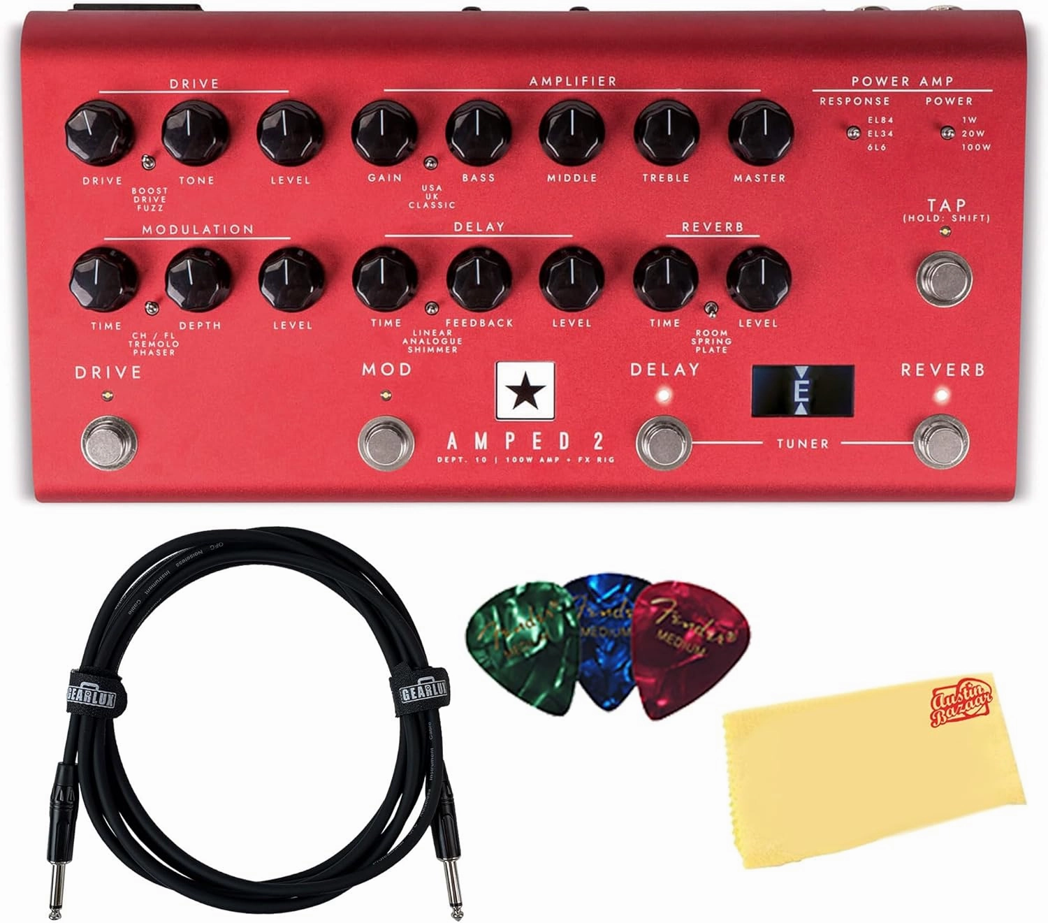 Blackstar Dept. 10 Amped2 100 Watt Electric Guitar Amplifier and Effects Pedal Bundle with Guitar Cable, Picks, and Austin Bazaar Polishing Cloth
