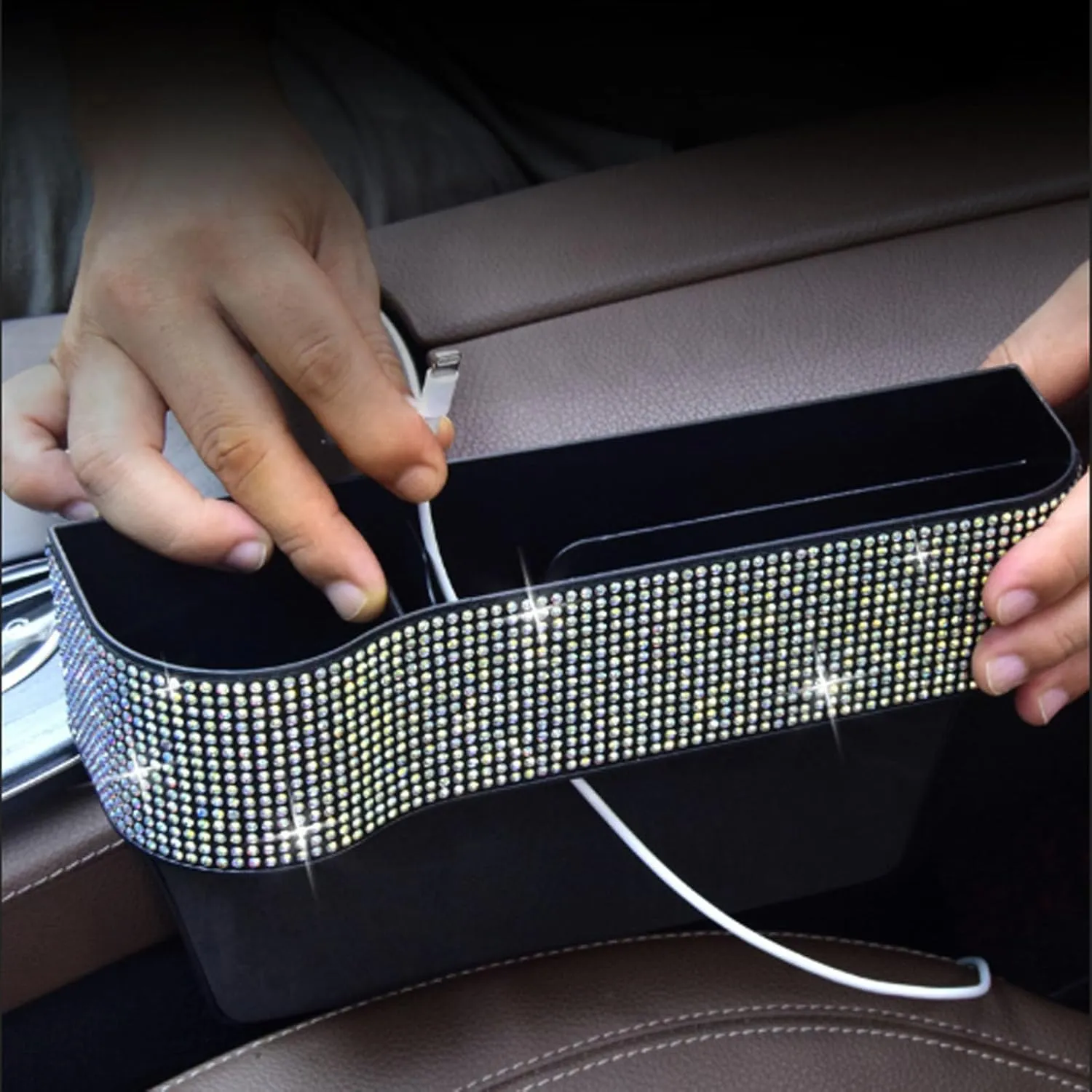 Bling Bling Car Seat Gap Filler, Car Seat Console Pockets Organizer Caddy Catcher, Crystal Auto Console Side Pouchs for Cellphone Wallet Coin Key Credit Card (Driver side (1 PC))