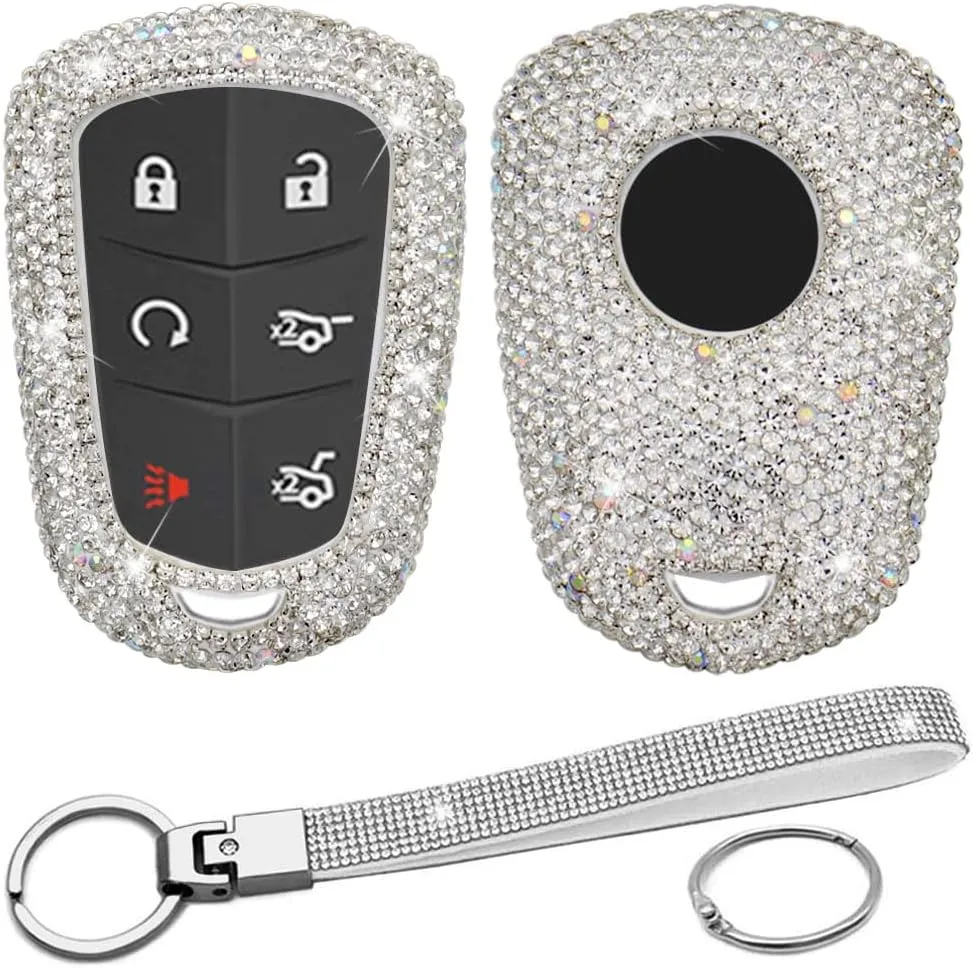 Bling Key Fob Cover Compatible with Cadillac XT4 XT5 XT6 ATS CTS SRX STS 2015-2024 Luxury Shiny Diamond Crystal Rhinestone Sparkly Key Cover Case (Sivler, Model A)