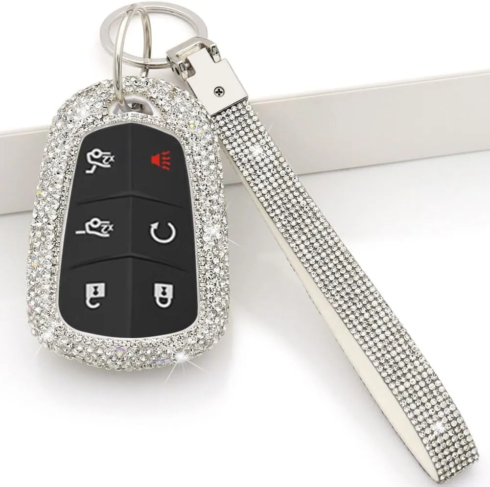 Bling Key Fob Cover Compatible with Cadillac XT4 XT5 XT6 ATS CTS SRX STS 2015-2024 Luxury Shiny Diamond Crystal Rhinestone Sparkly Key Cover Case (Sivler, Model A)