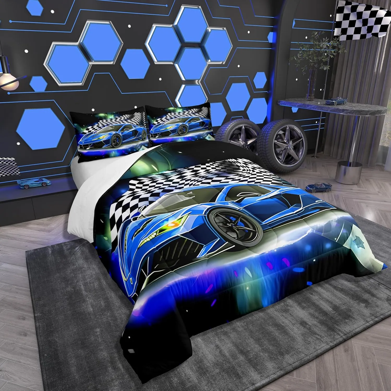 Blue Racing Car Comforter Set Full Size, Fast and Furious Extreme Sport Games Bedding Sets for Kids Boys Teens,Sports Car Bed in A Bag,Cool Modern Duvet Insert with 2 Pillowcases