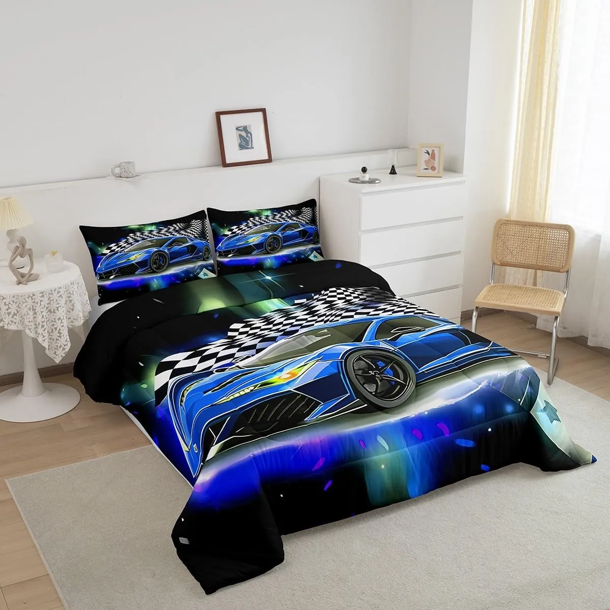 Blue Racing Car Comforter Set Full Size, Fast and Furious Extreme Sport Games Bedding Sets for Kids Boys Teens,Sports Car Bed in A Bag,Cool Modern Duvet Insert with 2 Pillowcases