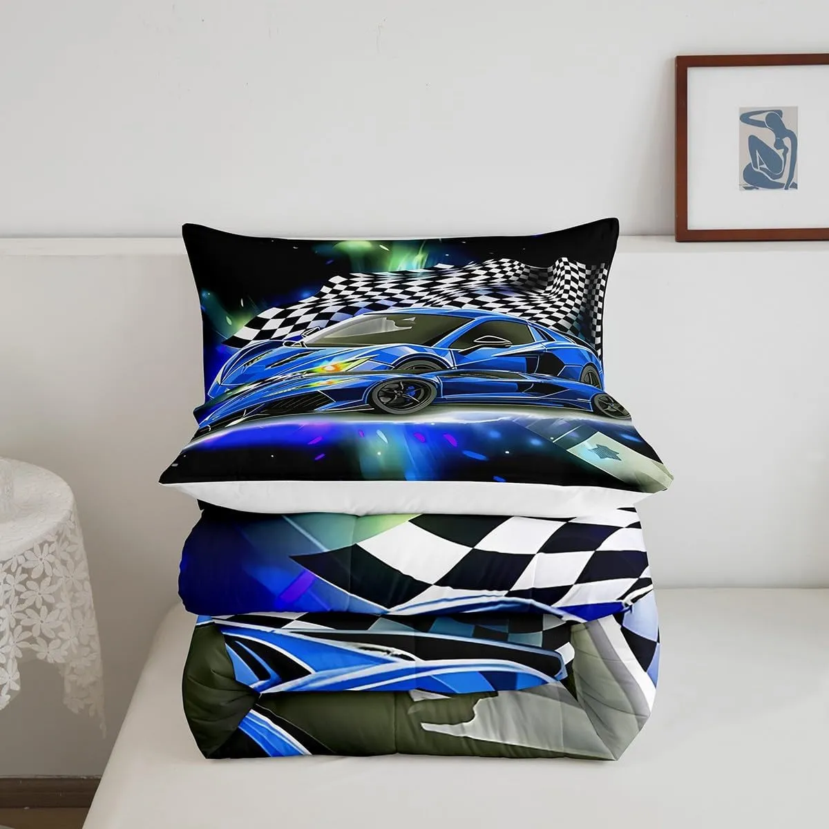 Blue Racing Car Comforter Set Full Size, Fast and Furious Extreme Sport Games Bedding Sets for Kids Boys Teens,Sports Car Bed in A Bag,Cool Modern Duvet Insert with 2 Pillowcases