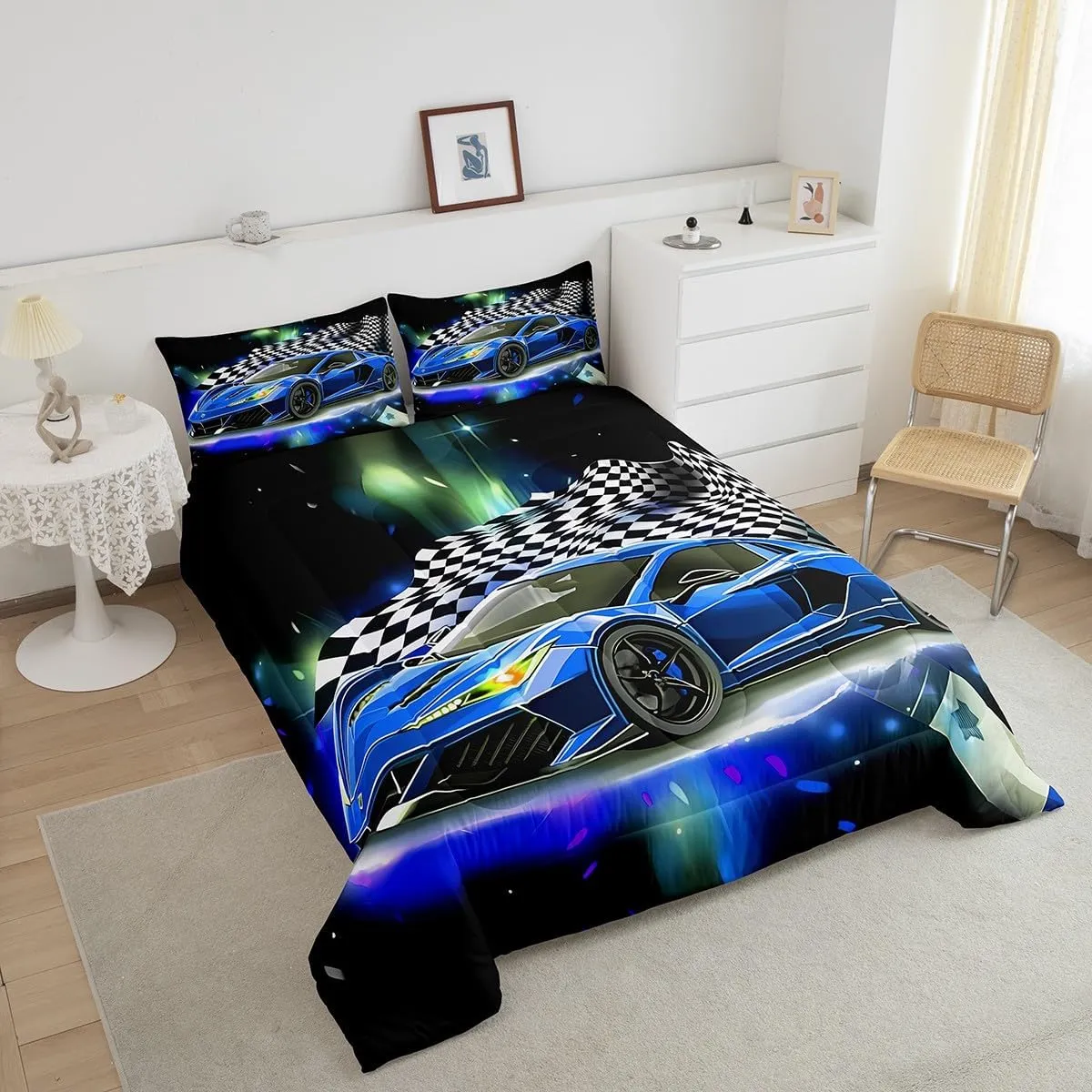Blue Racing Car Comforter Set Full Size, Fast and Furious Extreme Sport Games Bedding Sets for Kids Boys Teens,Sports Car Bed in A Bag,Cool Modern Duvet Insert with 2 Pillowcases