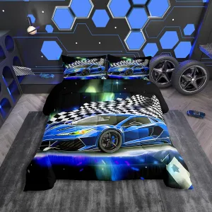 Blue Racing Car Comforter Set Full Size, Fast and Furious Extreme Sport Games Bedding Sets for Kids Boys Teens,Sports Car Bed in A Bag,Cool Modern Duvet Insert with 2 Pillowcases
