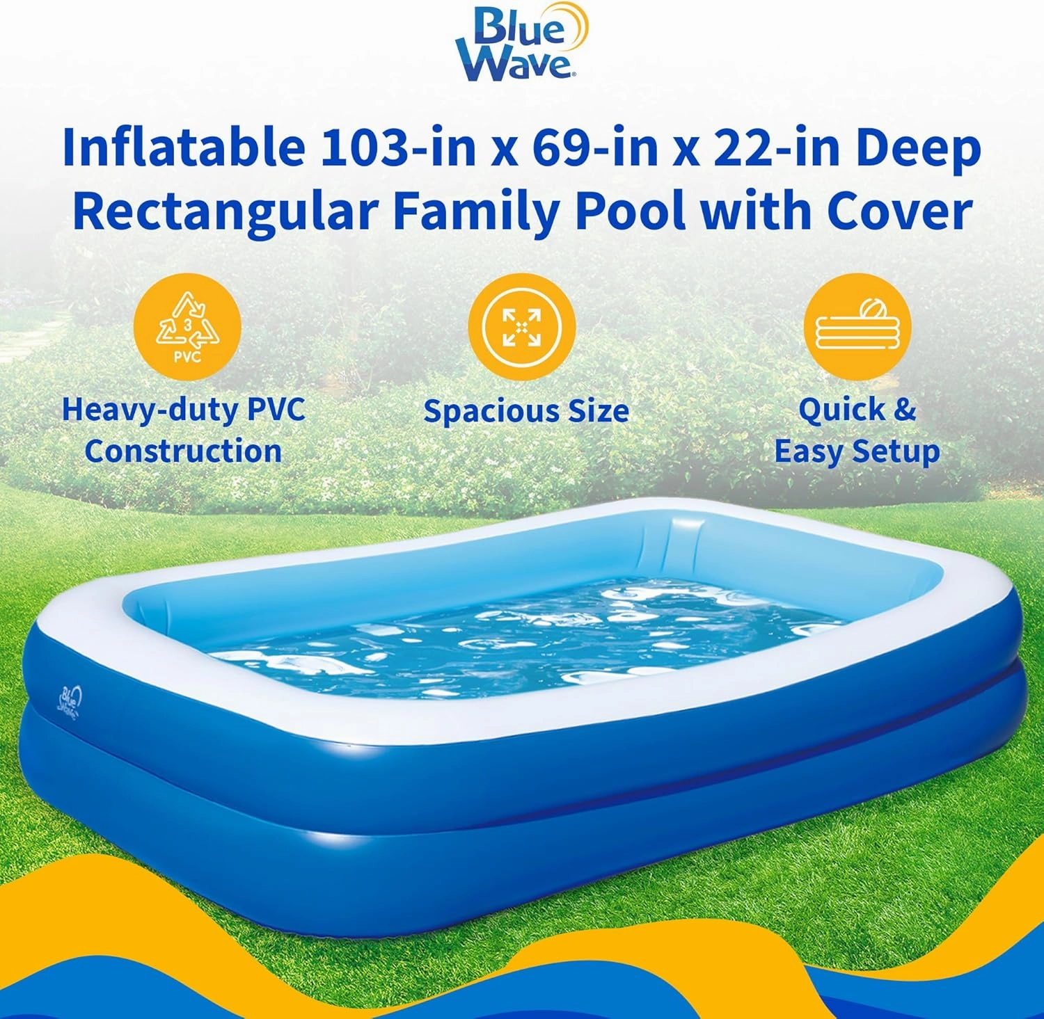 Blue Wave Family Inflatable Pool with Cover – 8.5-ft x 5.75-ft x 1.8-ft Rectangle Blow Up Pool for Kids and Adults – Quick-Setup Backyard Pool with Durable PVC Construction