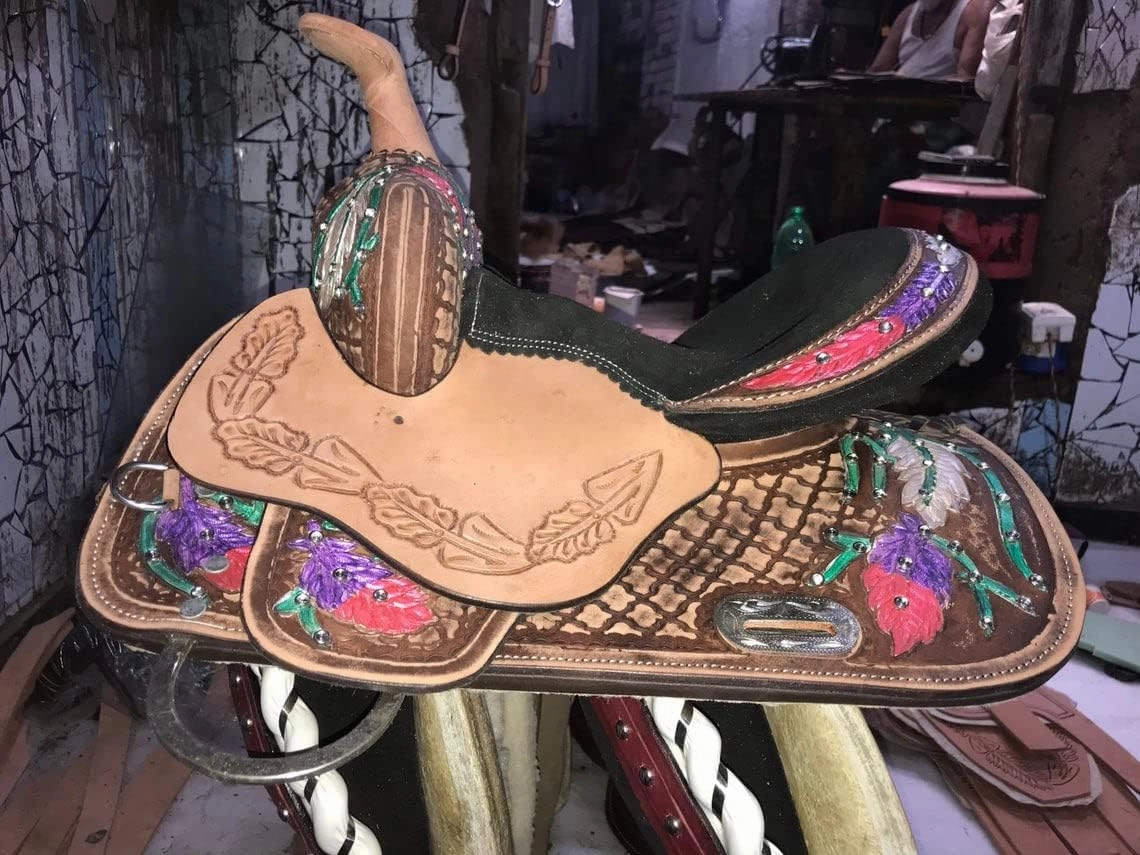 BNB International Western Barrel Racing Horse Saddles Trail Equestrian Pony & Adult Classic Quality Premium Leather for Horse Riding Size:10-18 inches Seat Available BRL277