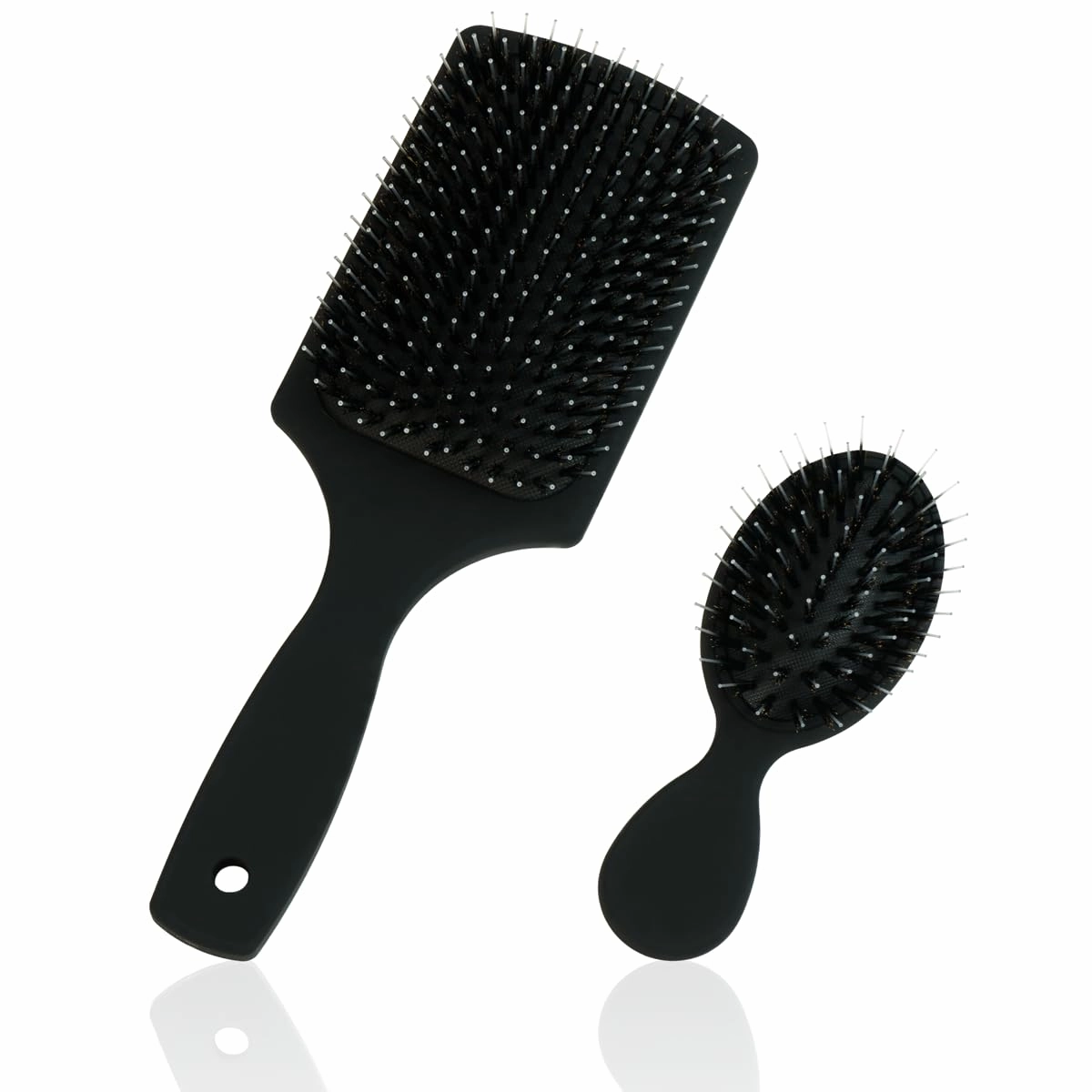 Boar Bristle Brush Set by Everlong, Boar Hair & Nylon Mix Paddle & Mini Brush Duo, Add Shine and Stimulate Scalp, Regular & Travel Size, Safe for Hair Extensions & Wigs