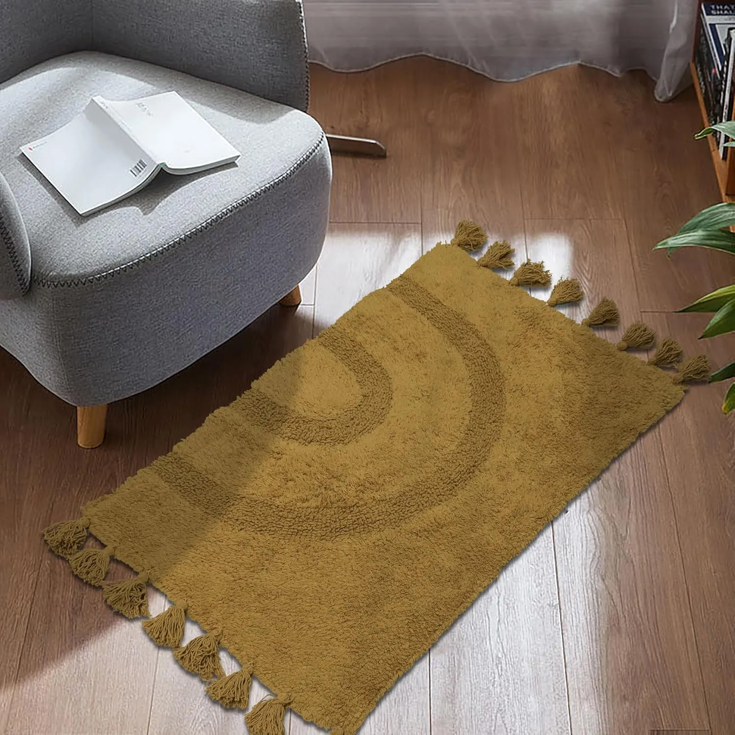 Boho Bathroom Rugs with Tassels 100% Cotton Hand-Woven Bath Mat Non Slip Absorbent Bath Rugs with Rug Pad Washable Boho Bath Mat Carpet for Tub, Shower 20"x32"