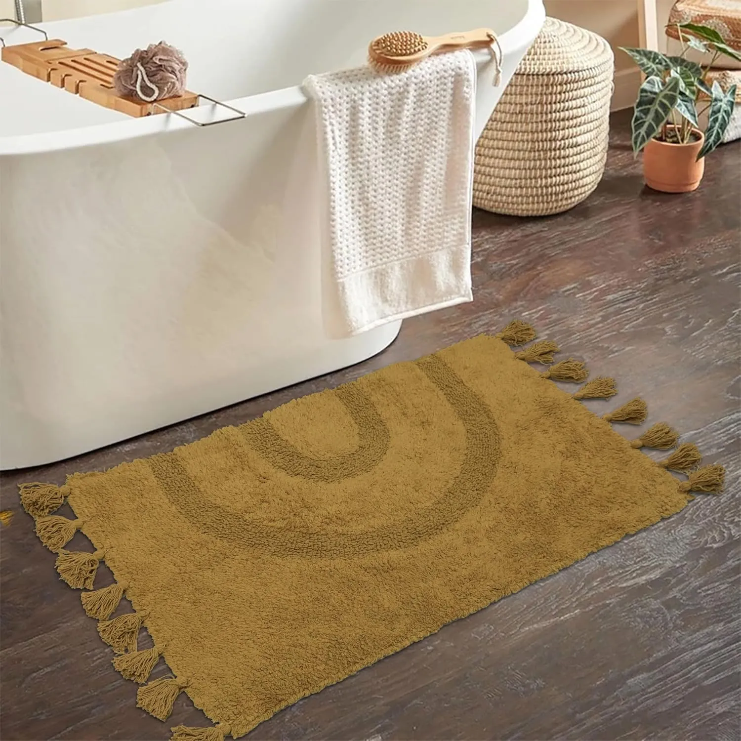 Boho Bathroom Rugs with Tassels 100% Cotton Hand-Woven Bath Mat Non Slip Absorbent Bath Rugs with Rug Pad Washable Boho Bath Mat Carpet for Tub, Shower 20"x32"