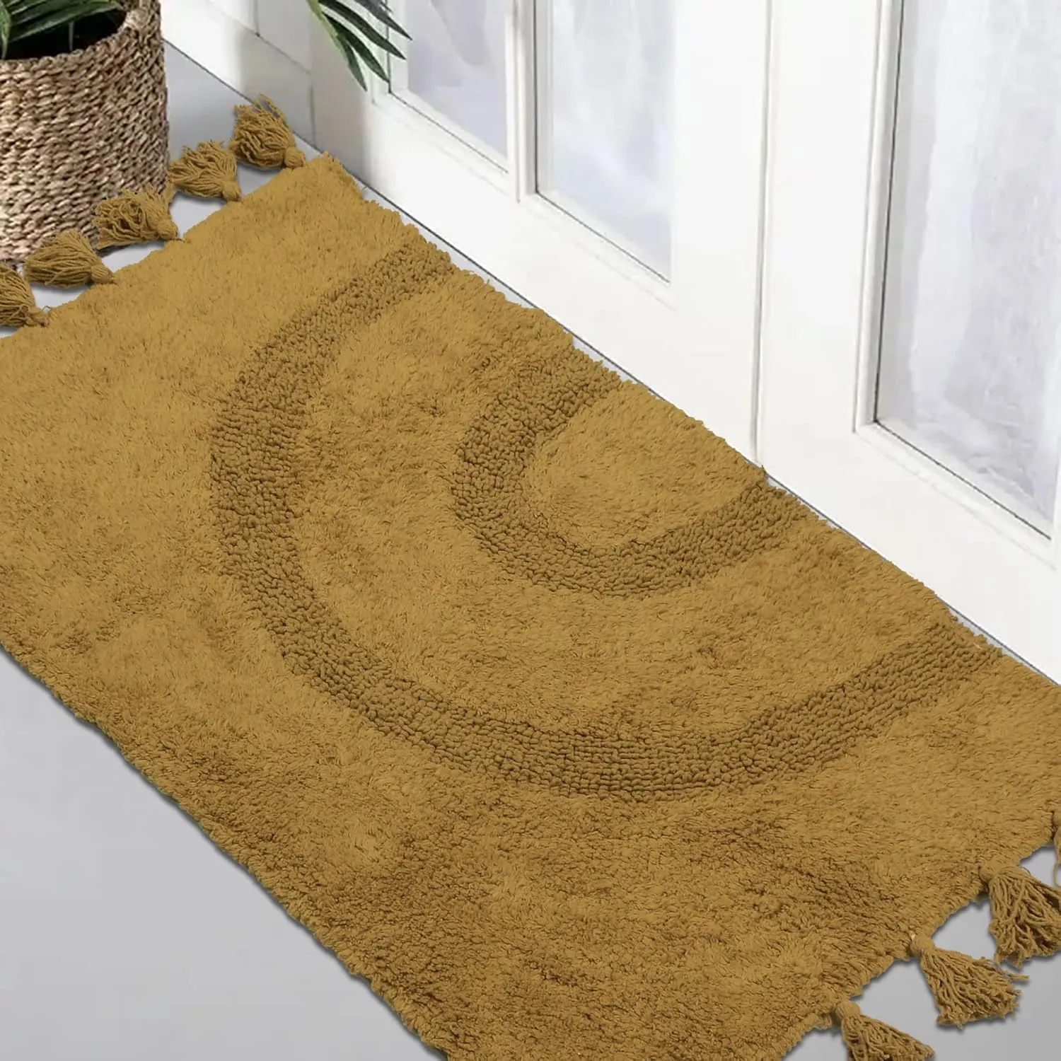 Boho Bathroom Rugs with Tassels 100% Cotton Hand-Woven Bath Mat Non Slip Absorbent Bath Rugs with Rug Pad Washable Boho Bath Mat Carpet for Tub, Shower 20"x32"