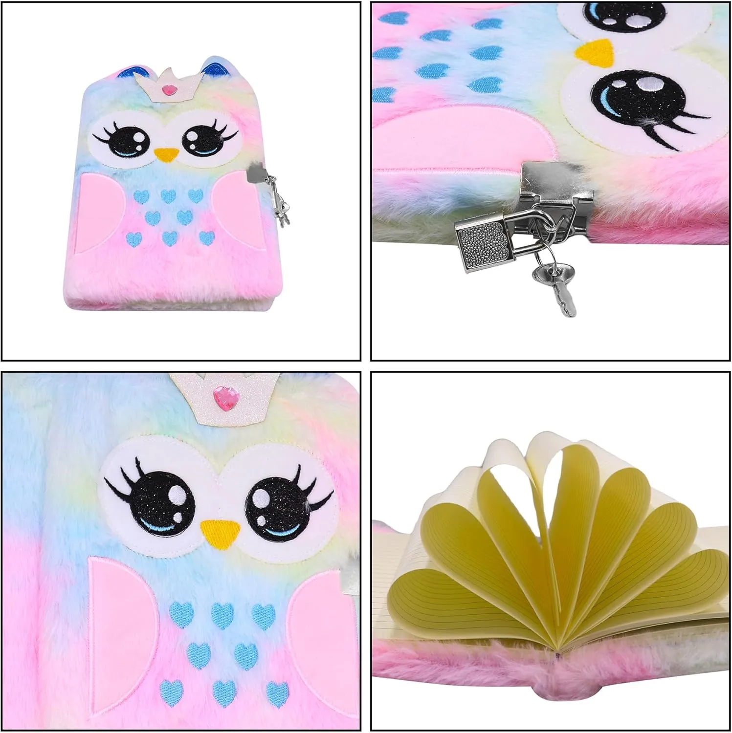 BOLLEY JOSS Fluffy Cartoon Owl Notebook Cute Animal Plush Secret Diary with Lock & Keys Fuzzy Journal Writing Pad A5 Lined 152 Pages