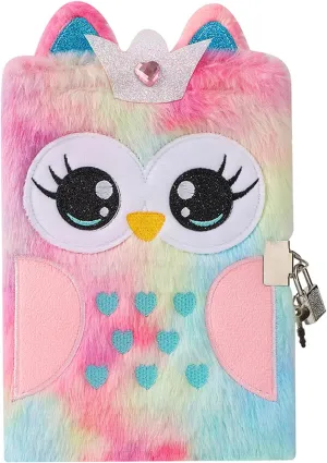 BOLLEY JOSS Fluffy Cartoon Owl Notebook Cute Animal Plush Secret Diary with Lock & Keys Fuzzy Journal Writing Pad A5 Lined 152 Pages