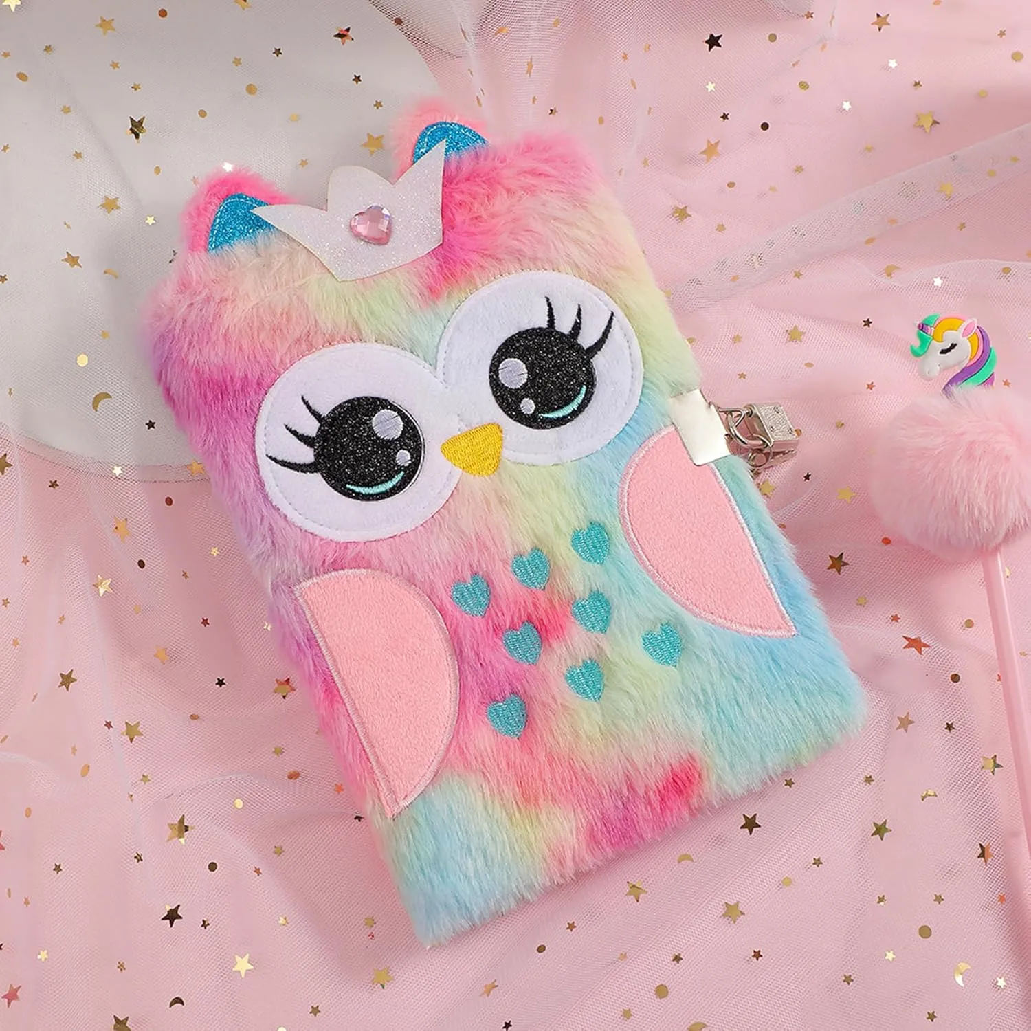 BOLLEY JOSS Fluffy Cartoon Owl Notebook Cute Animal Plush Secret Diary with Lock & Keys Fuzzy Journal Writing Pad A5 Lined 152 Pages
