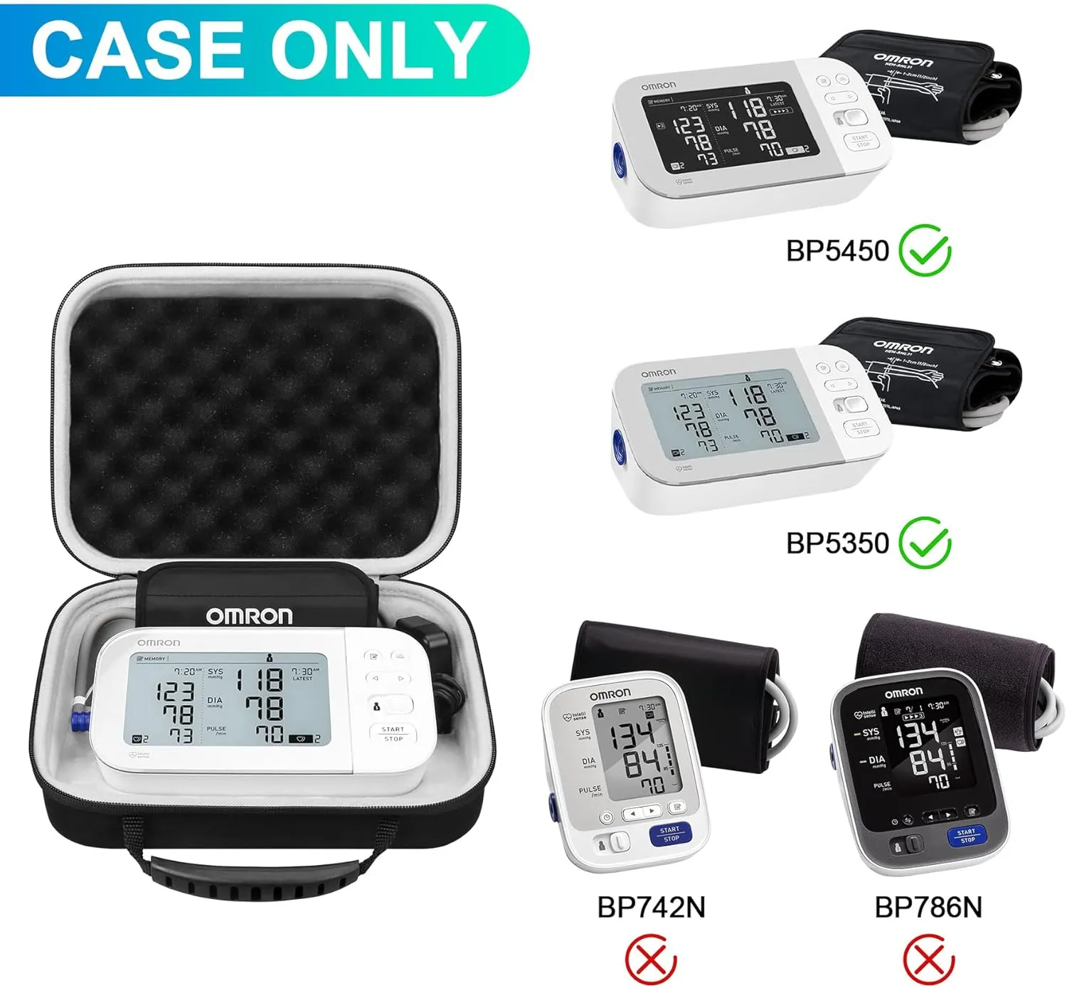 BOVKE Hard Carrying Case for OMRON Platinum BP5450 / Gold BP5350 / BP5465/ BP5360 / OMRON 7 Series BP7350 Wireless Blood Pressure Monitor, Extra Room fits Upper Arm Cuff, Black (NOT for BP7450)