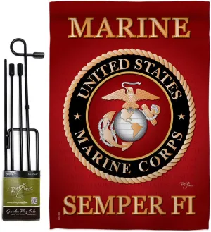 Breeze Decor Marine Corps Americana Military Veteran Decorative Gift Vertical 13" x 18.5" Double Sided Garden Flag Set Metal Pole Hardware Made in USA